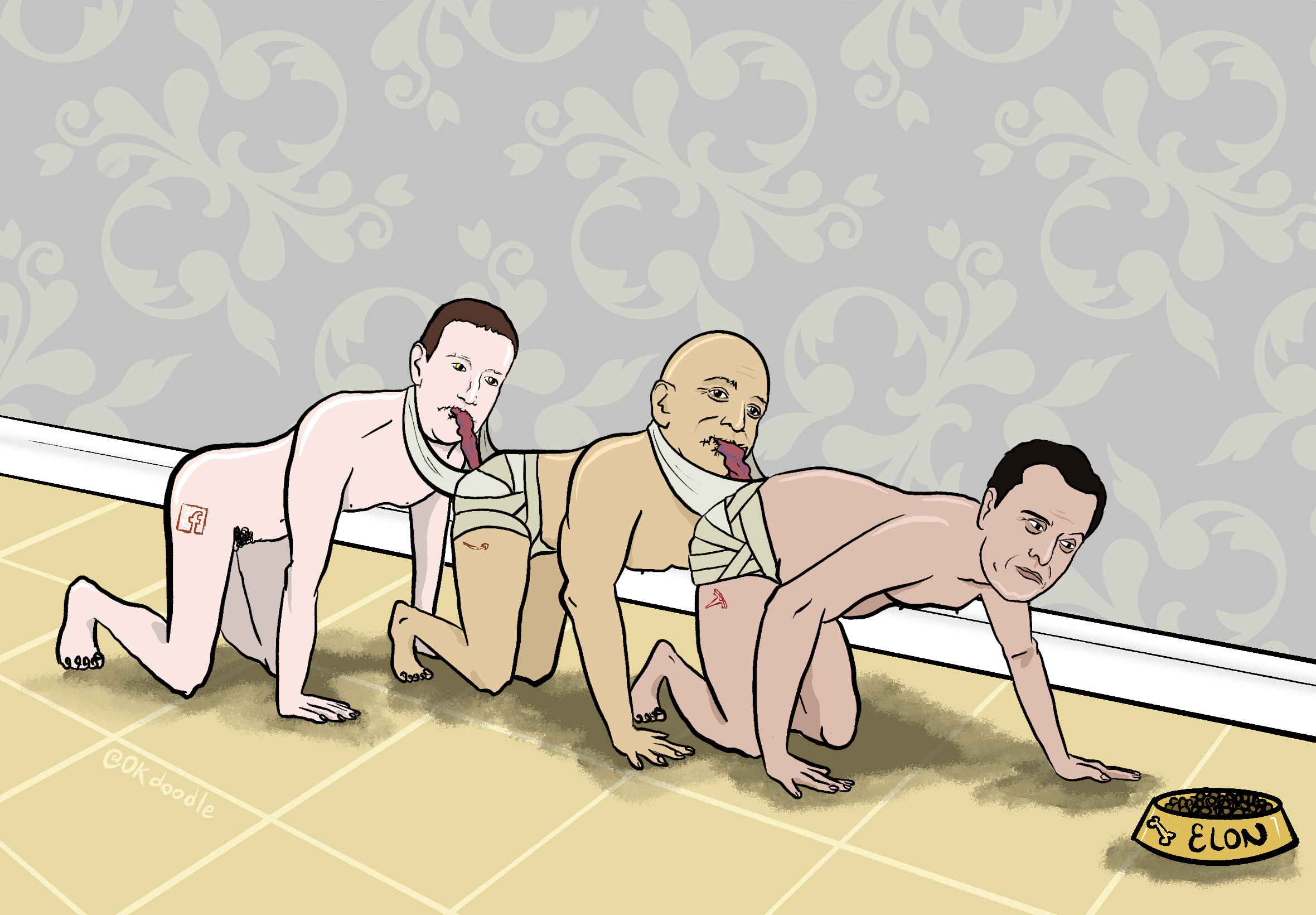 A human centipede made of Elon Musk at the front, Jeff Bezos in the middle, and Mark Zuckerberg at the back.